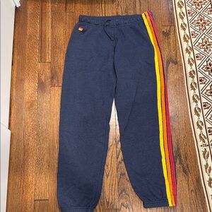 Aviator Nation Blue Sweatpants with Rainbow Stripes